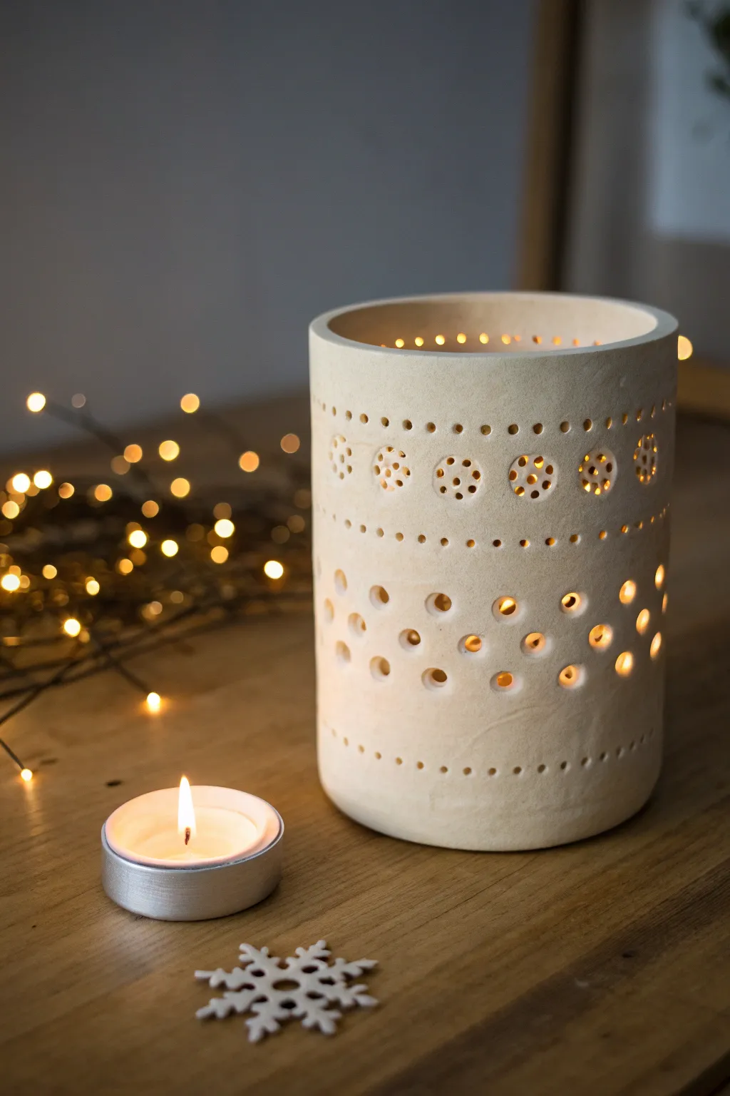 Simple punched-dot clay lantern with a warm twinkly glow, perfect for easy cozy DIY decor