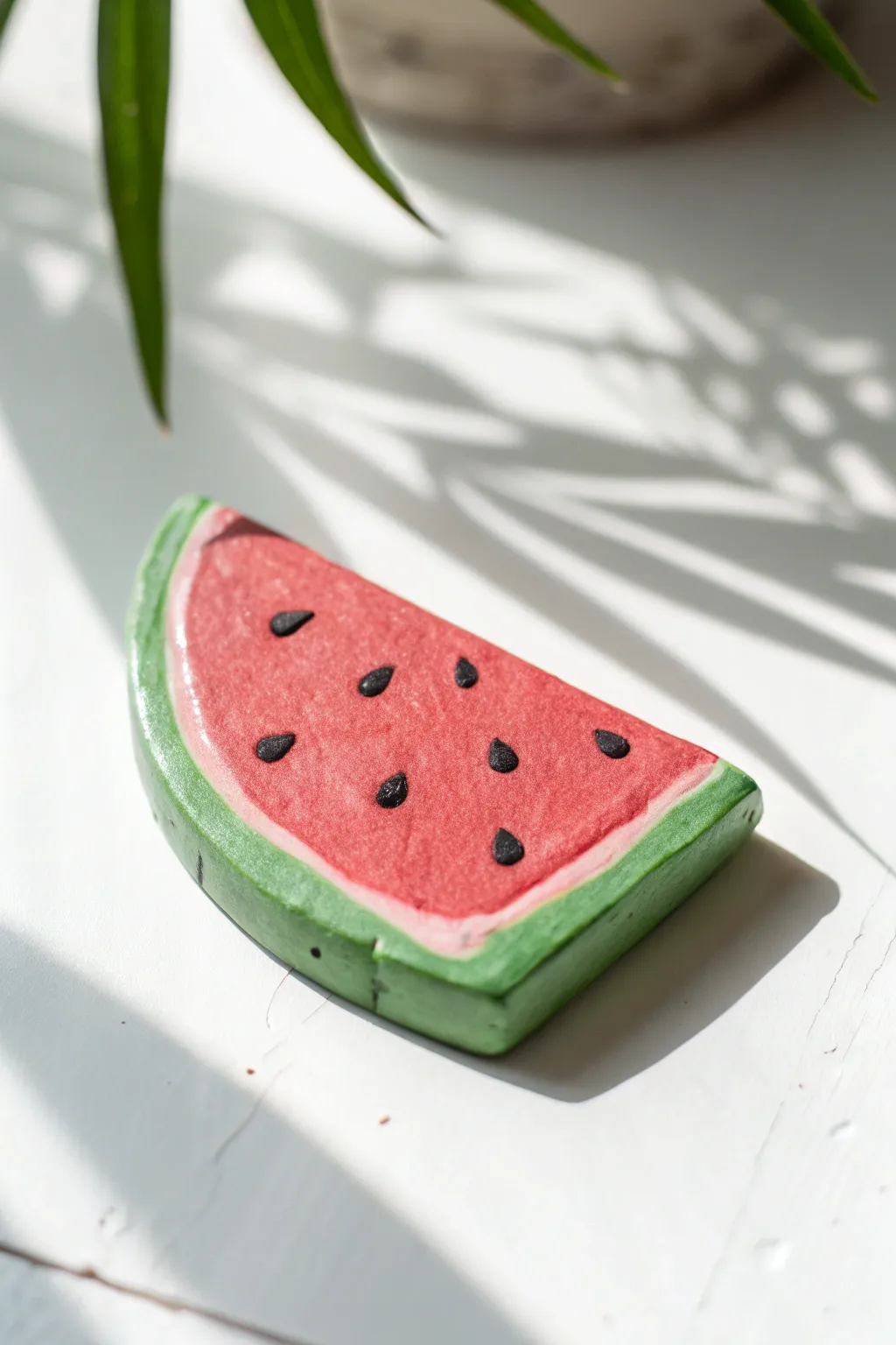 Sweet and simple watermelon wedge clay magnet in clean minimalist style with a soft boho vibe