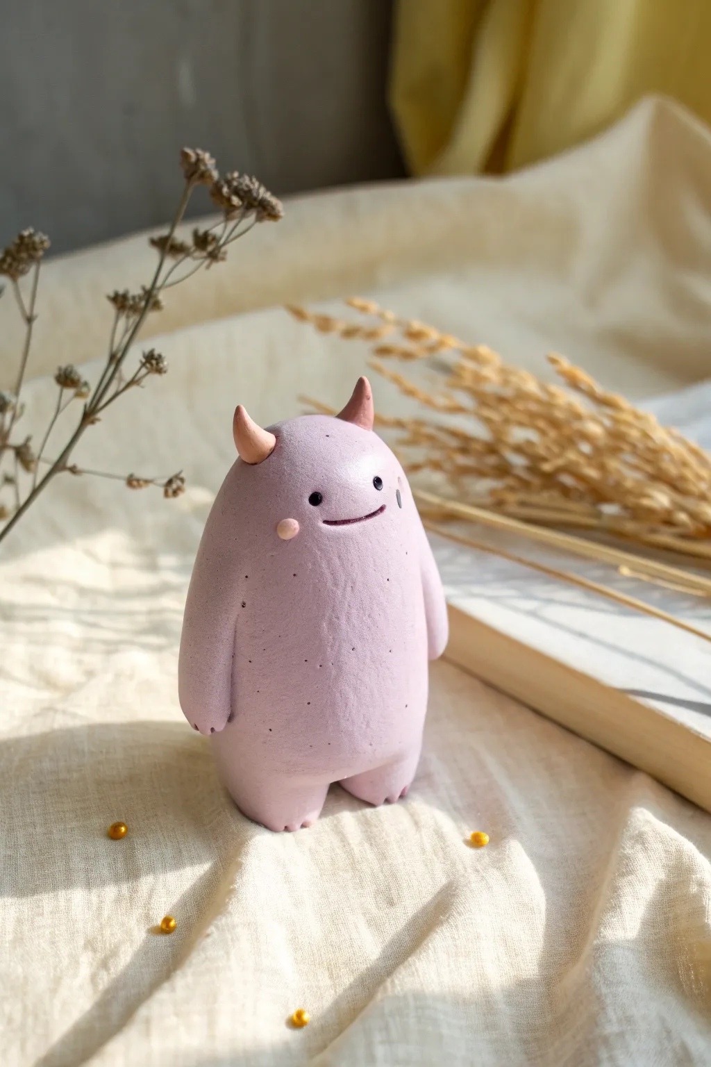 A cute two-horn gumdrop clay monster in lavender, simple to make and full of friendly charm.