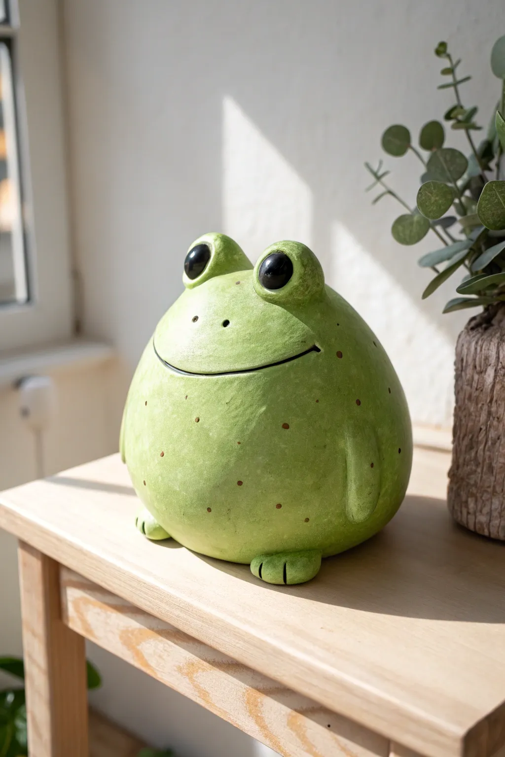 Chubby clay frog with big eyes and a sweet smile, a playful kids project with minimal charm
