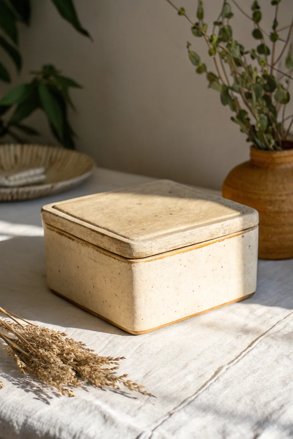 Rectangular slab keepsake box with snug lid, soft neutral tones and handmade texture in natural light