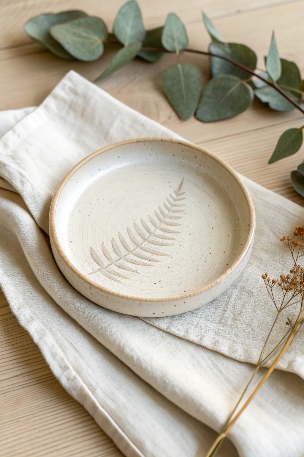 Minimal clay dish with a leaf vein stamped rim, styled simply with linen and real leaves.