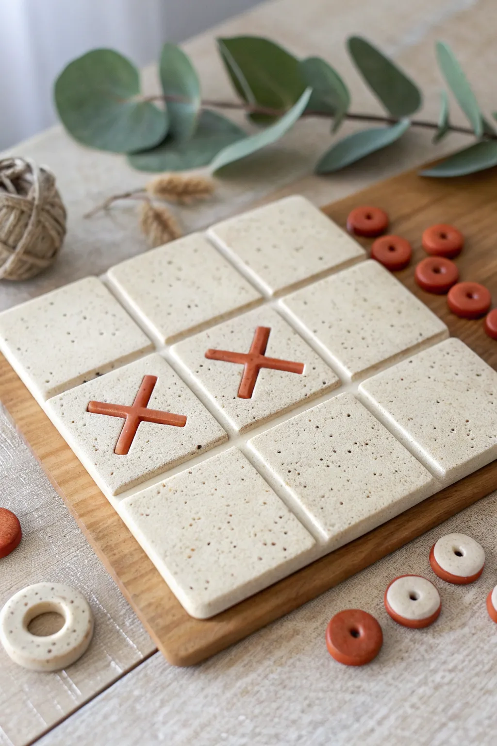 Minimal stamped tic tac toe tile with chunky clay Xs and Os, simple and handmade.