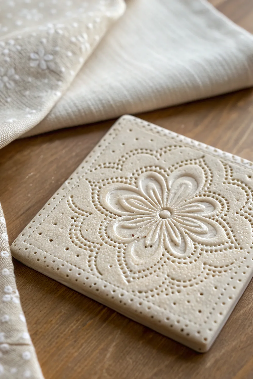 Lace-pressed clay texture tile with crisp relief and soft neutral styling for easy DIY decor.