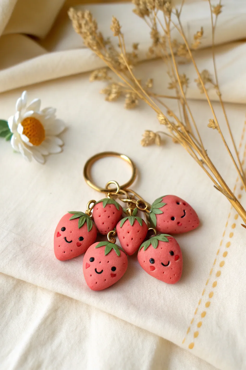 Mini strawberry clay charms with sweet faces, styled in minimalist Scandinavian boho light.