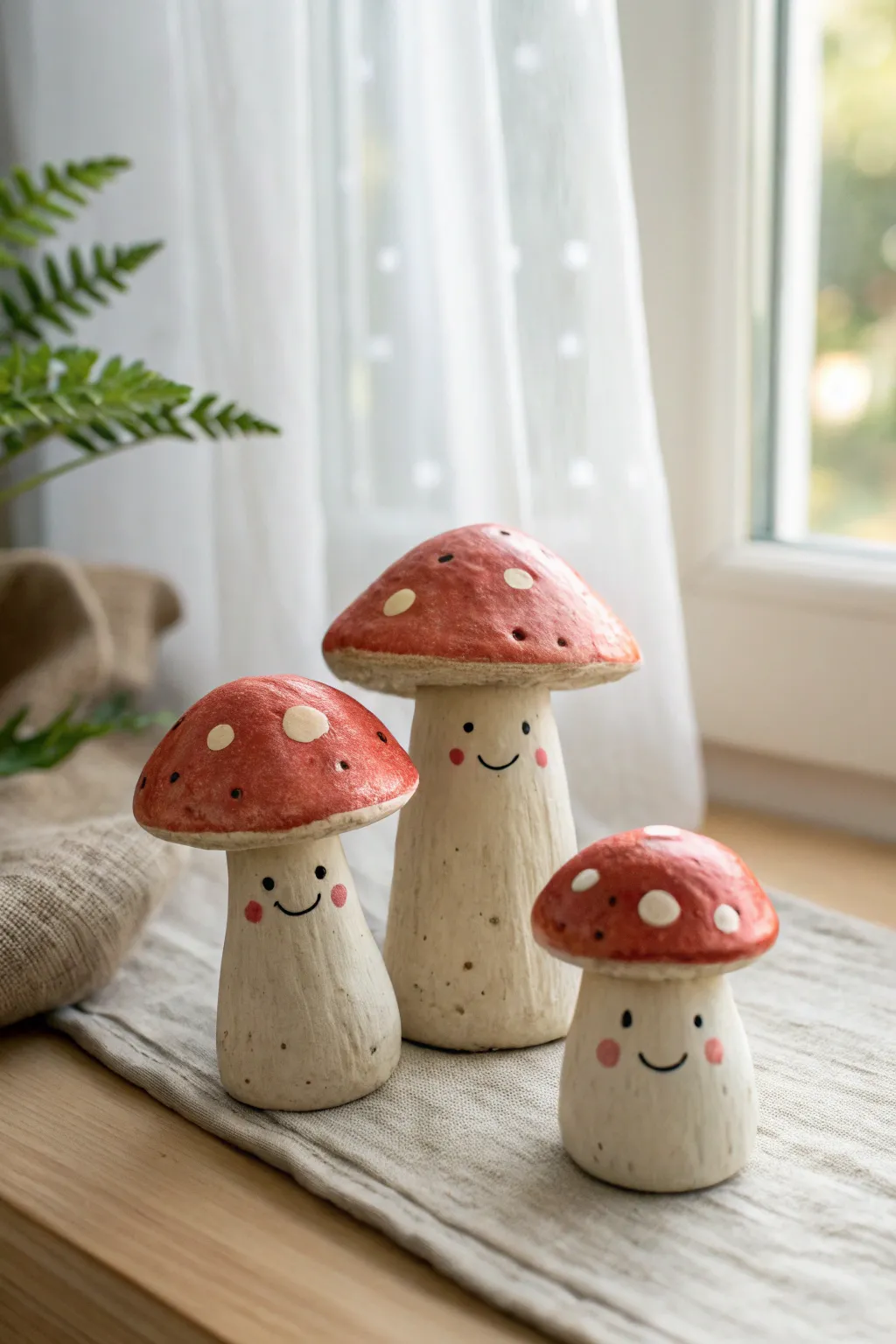 Mini mushroom buddies in cozy woodland colors, a cute easy clay idea with simple handmade charm.