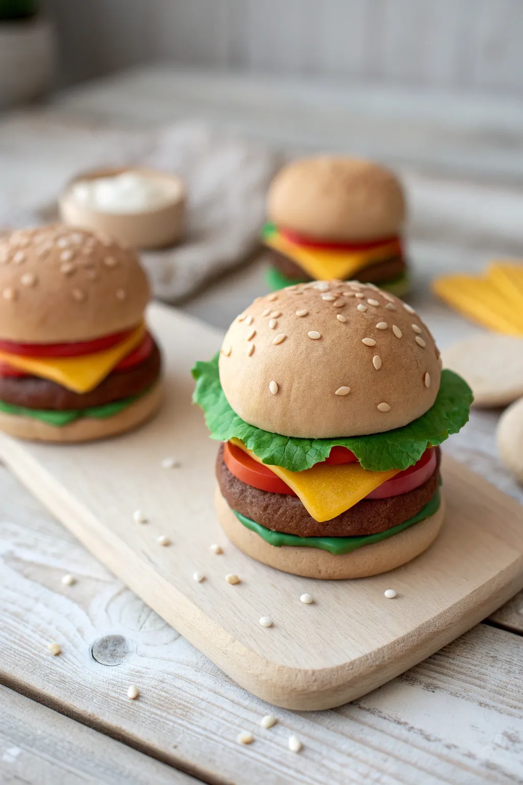 Adorable stacked clay burger bites in minimalist Scandinavian styling, perfect for cute food charms.