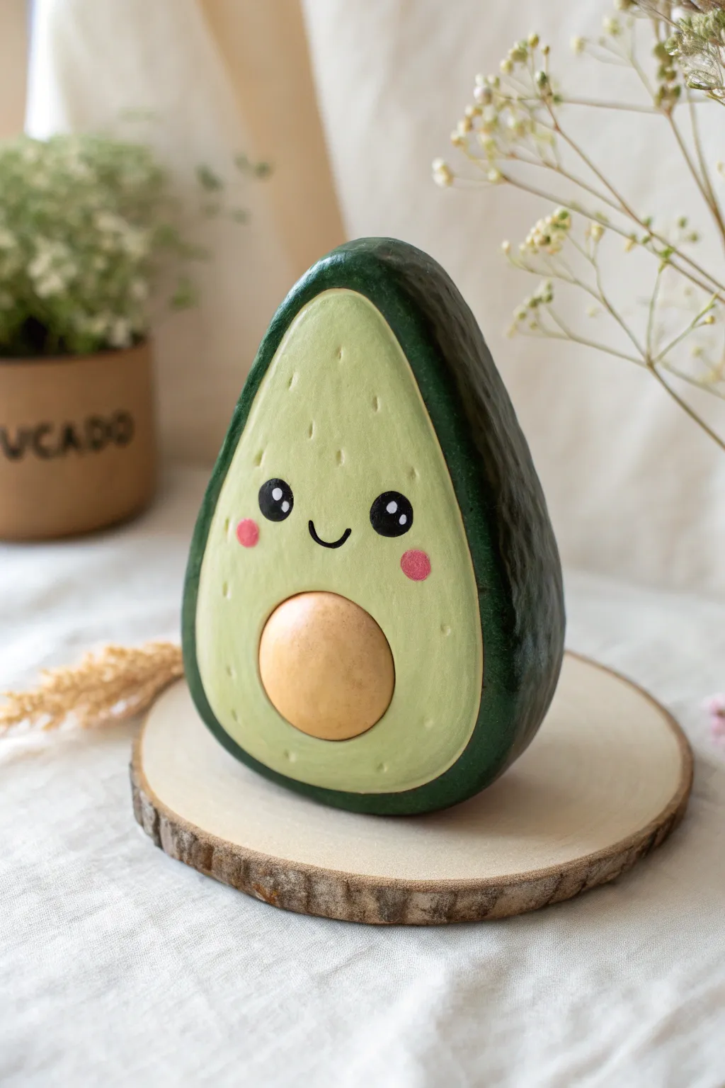 Smiling avocado clay buddy with rosy cheeks, clean minimal backdrop, and cozy handmade charm