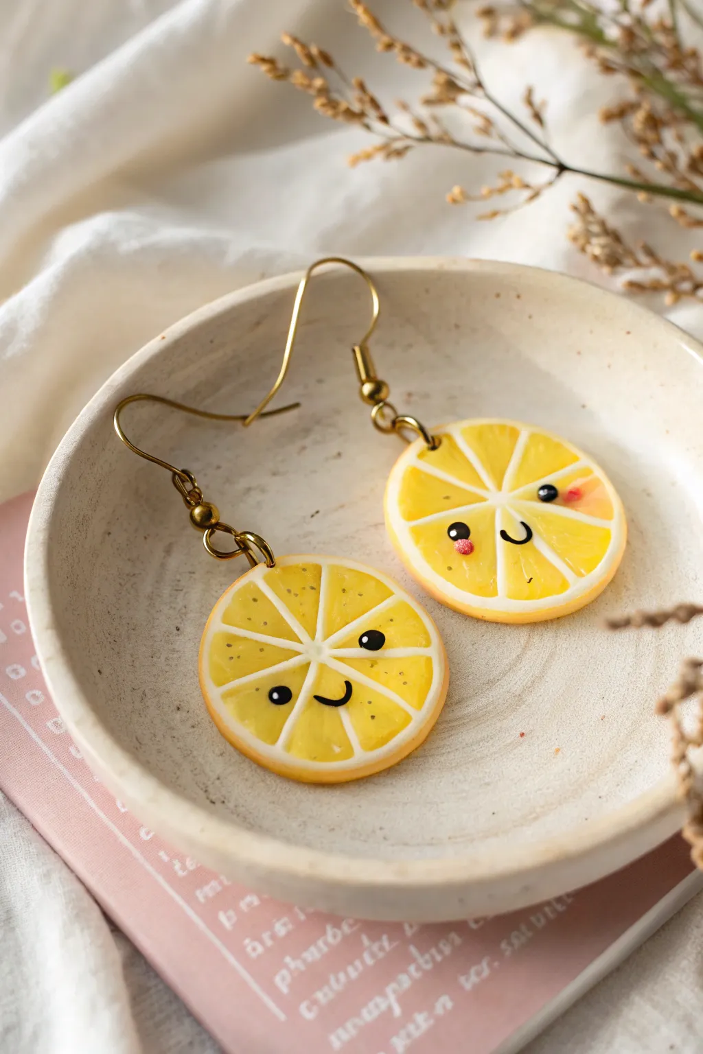 Smiling citrus slice earrings in polymer clay, a bright kawaii accent with minimalist charm.