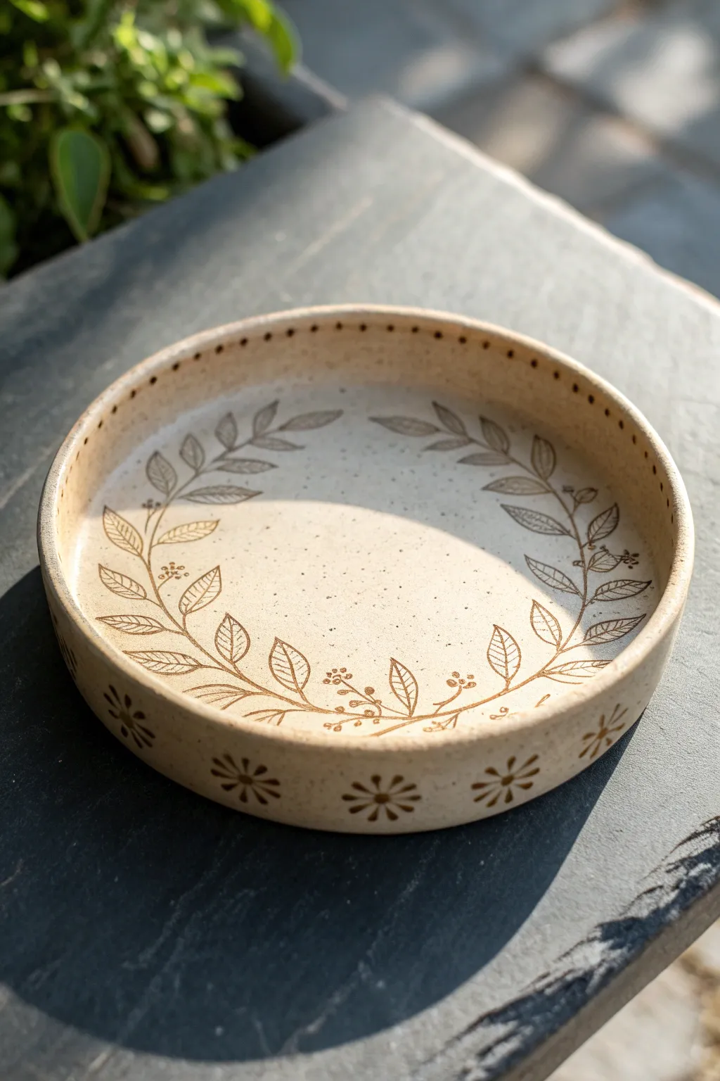 Minimal stamped air-dry clay tray in matte sand tones, perfect for easy DIY jewelry storage