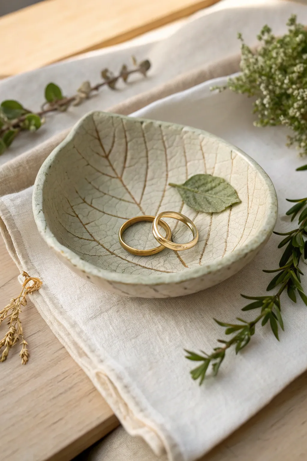 Leaf-imprint dry clay ring dish with an earthy wash, styled simply with a ring and greenery.
