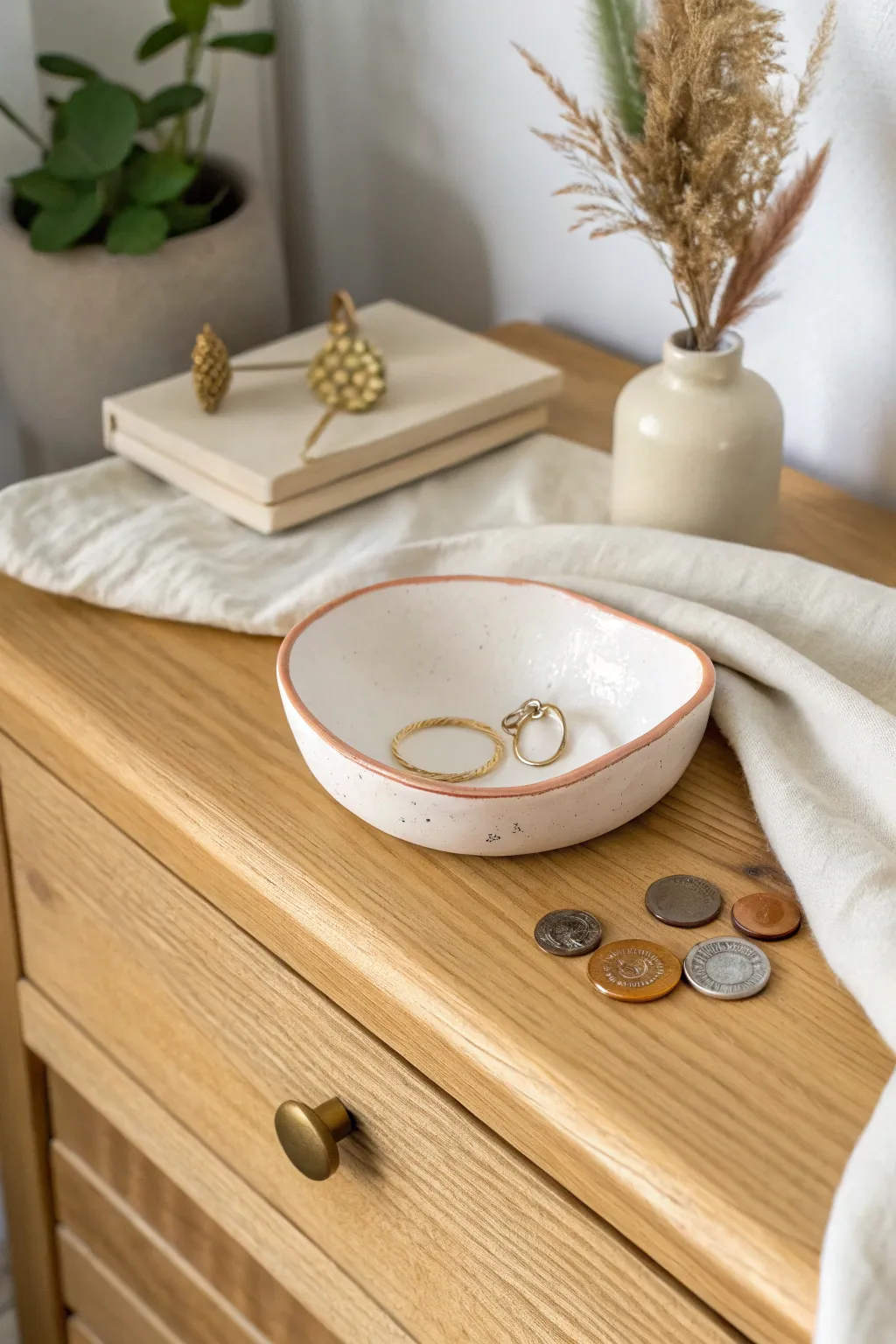 Easy clay trinket dish with a painted rim, perfect for earrings and coins by the bed