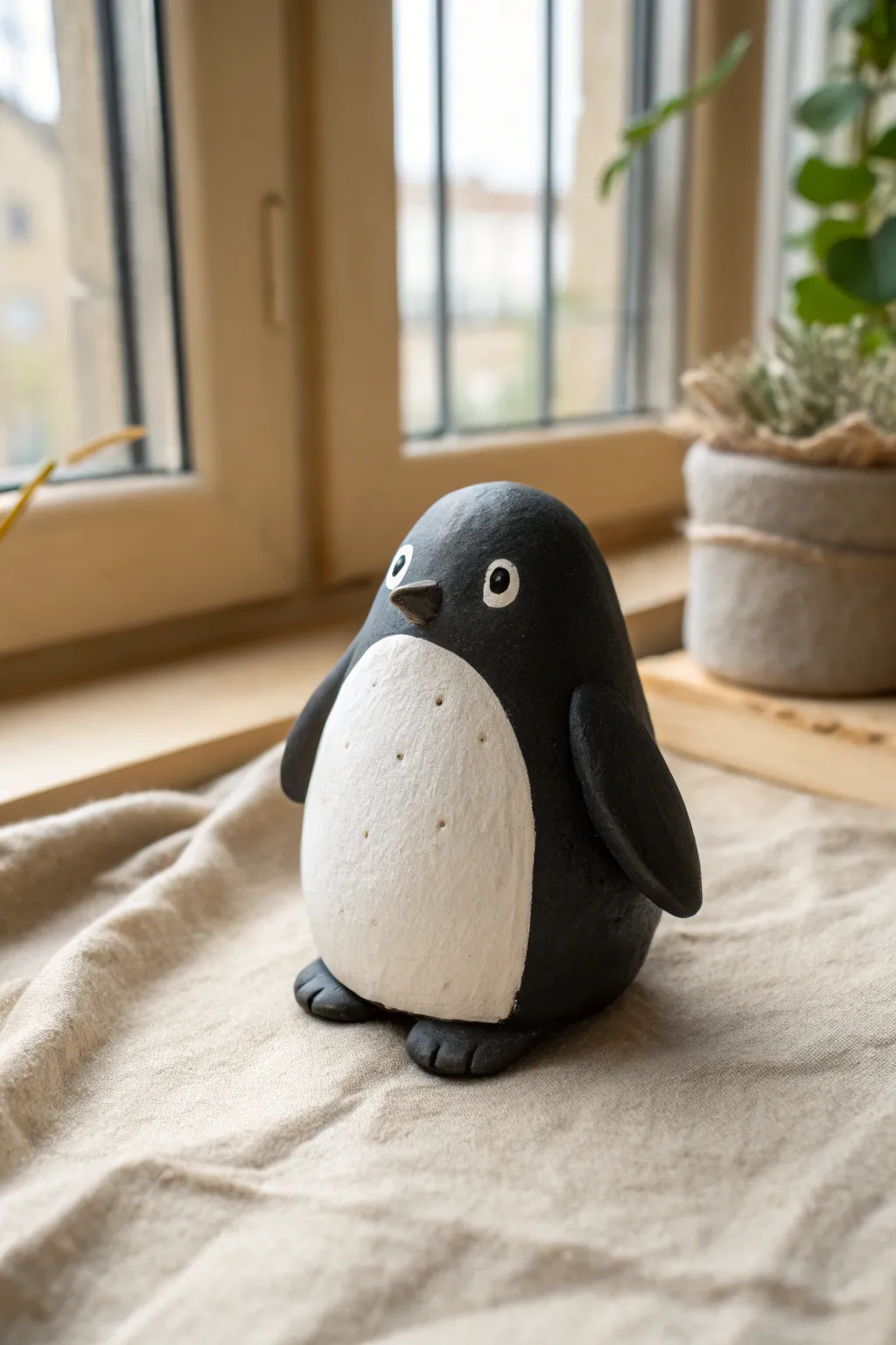 Chubby little clay penguin with simple shapes and cozy minimalist styling, perfect for beginners.