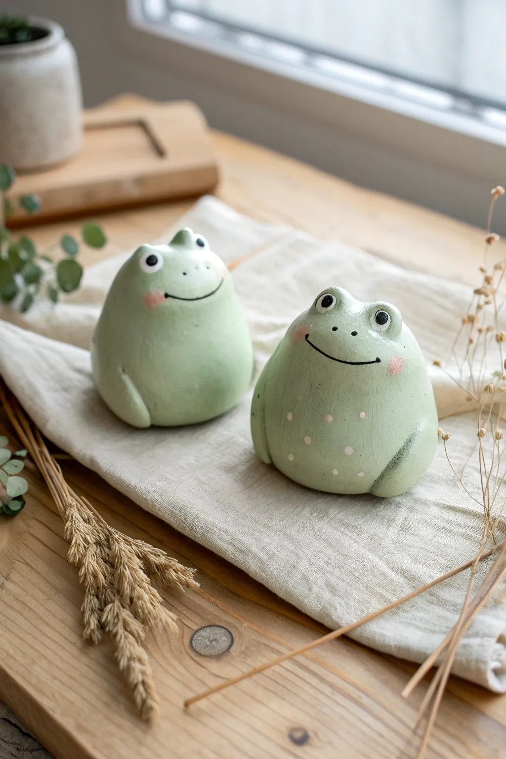 Chubby clay frog buddies with blush cheeks, a cute beginner-friendly figurine idea.