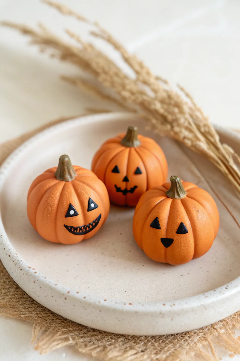 Cute mini polymer clay pumpkins with simple jack o lantern faces for an easy Halloween touch