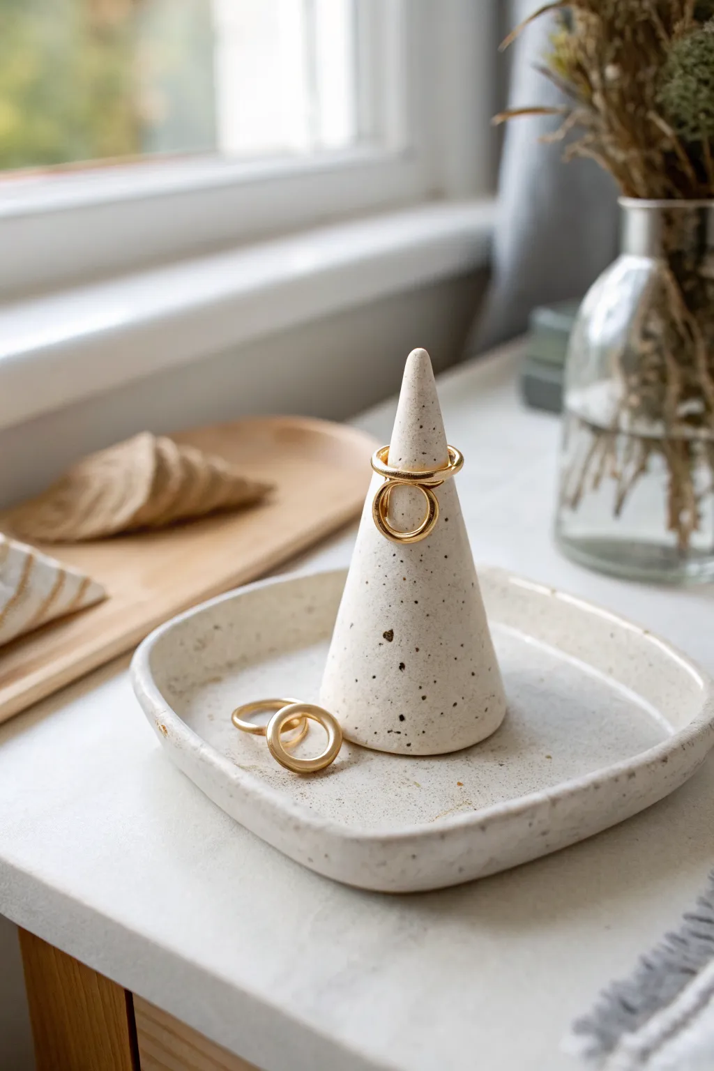Tiny clay cone ring holder on a bathroom tray, minimalist and sweet with two stacked rings.