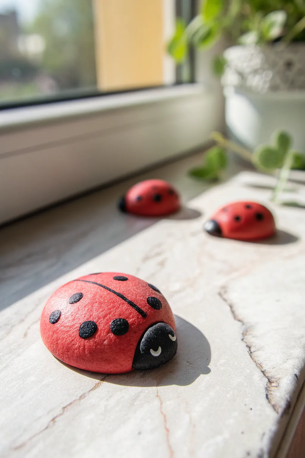 Sweet ladybug clay pebbles kids can model in minutes, a simple nature inspired craft.