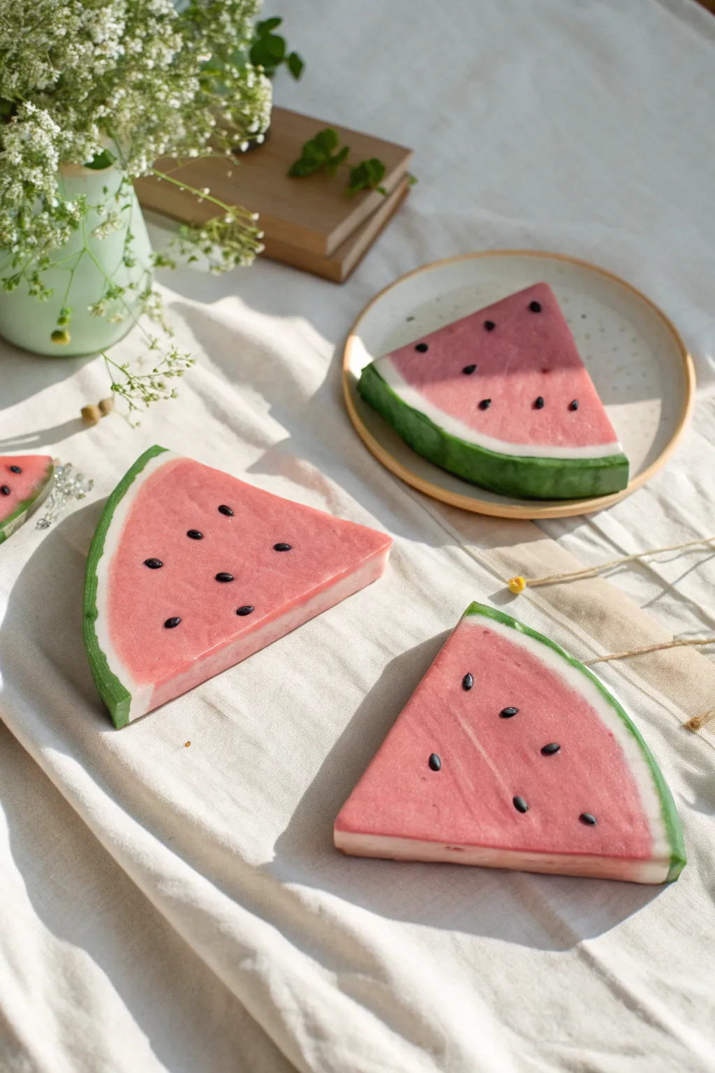 Chunky clay watermelon wedges with a minimalist boho vibe, perfect for easy molding clay ideas.