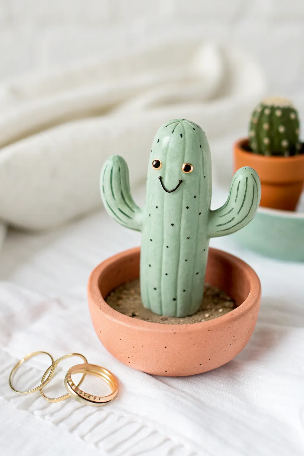 Adorable cactus ring holder with a sweet face, minimalist clay charm for your jewelry tray