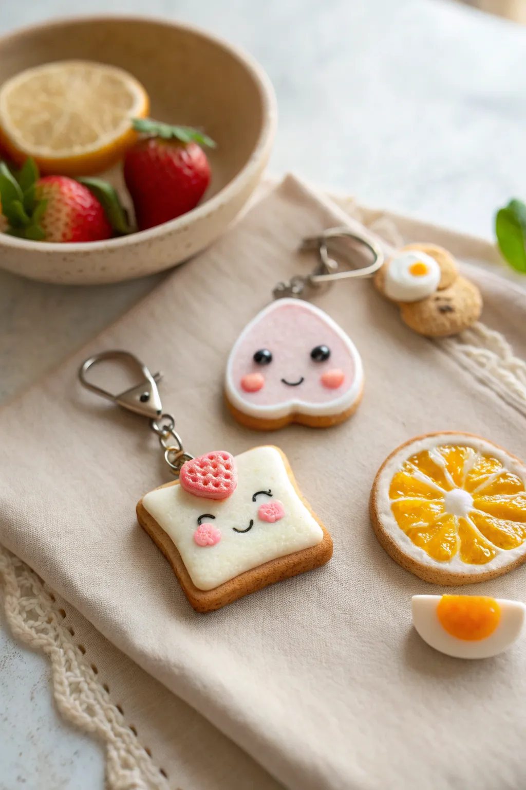 Tiny kawaii polymer clay food charms with smiley faces in a minimalist, cozy pastel set
