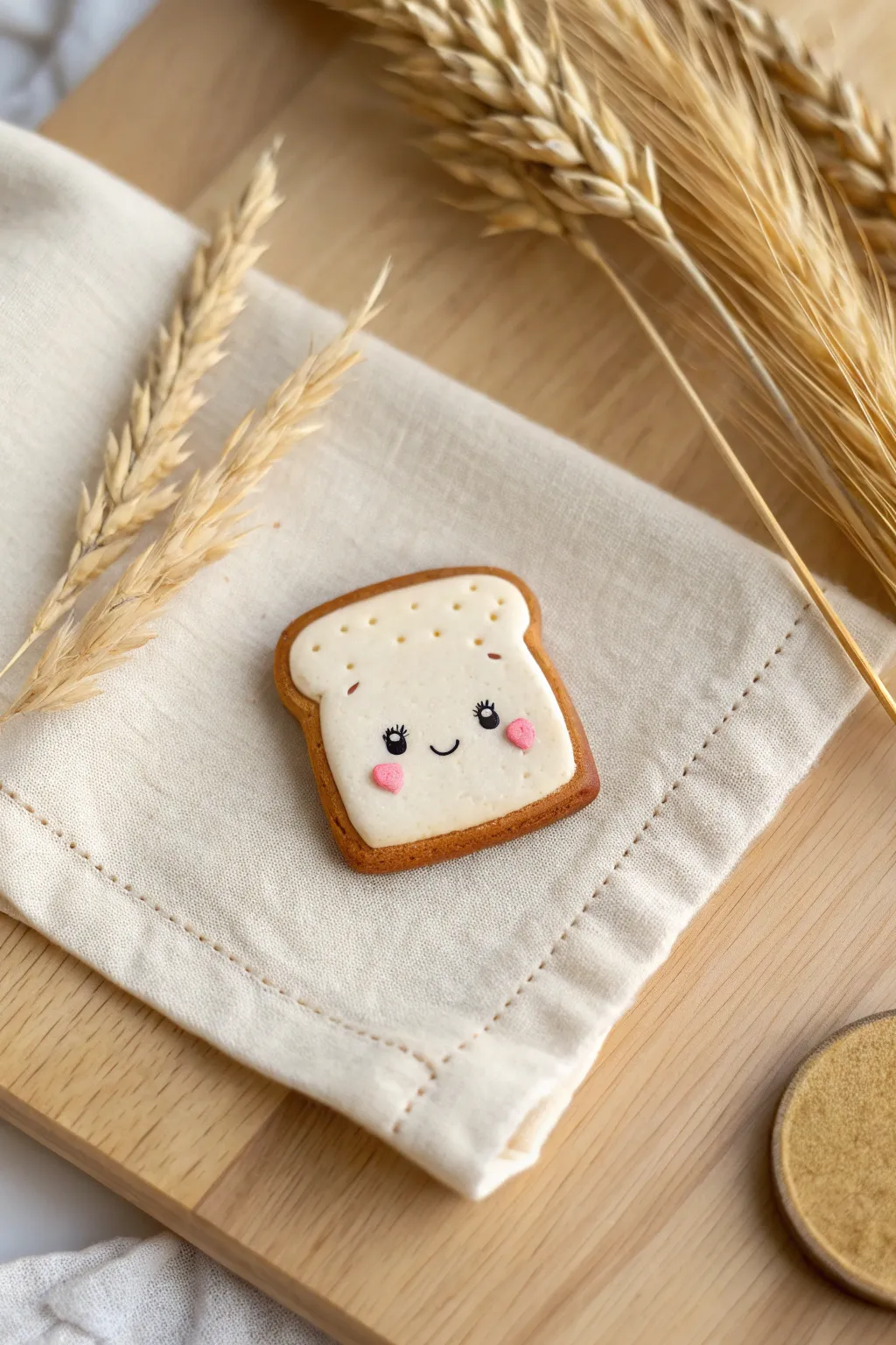 Kawaii toast polymer clay pins with sweet faces, minimalist styling and cozy boho vibes.