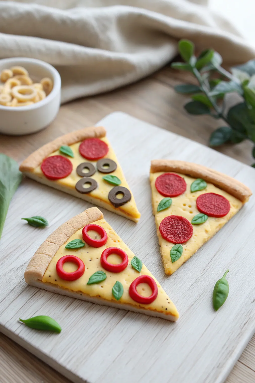Chunky polymer clay pizza slice magnets with simple toppings, a cute and easy kids craft idea.