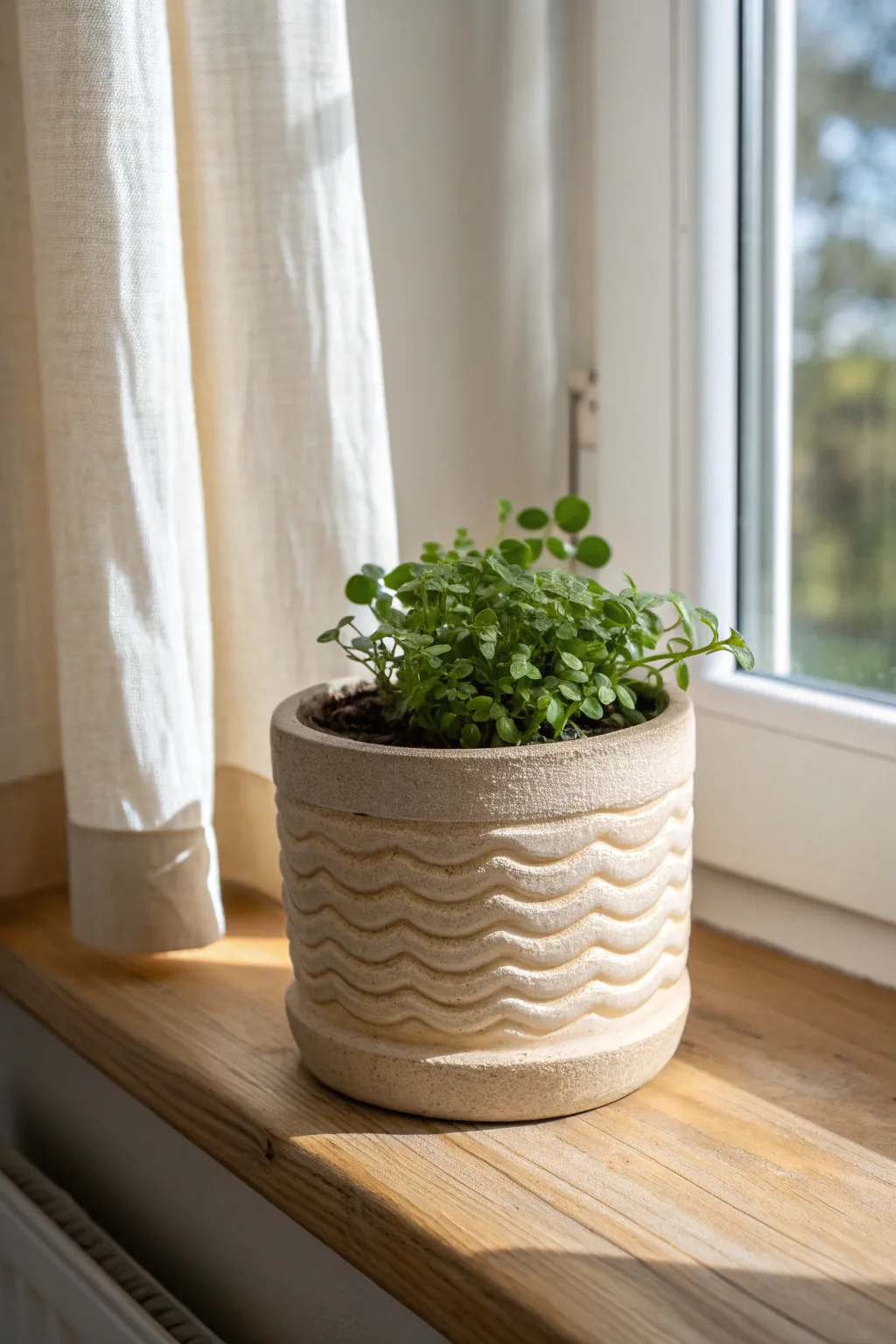 Coil-built mini planter with soft waves and a tiny plant for an instant shelf jungle moment