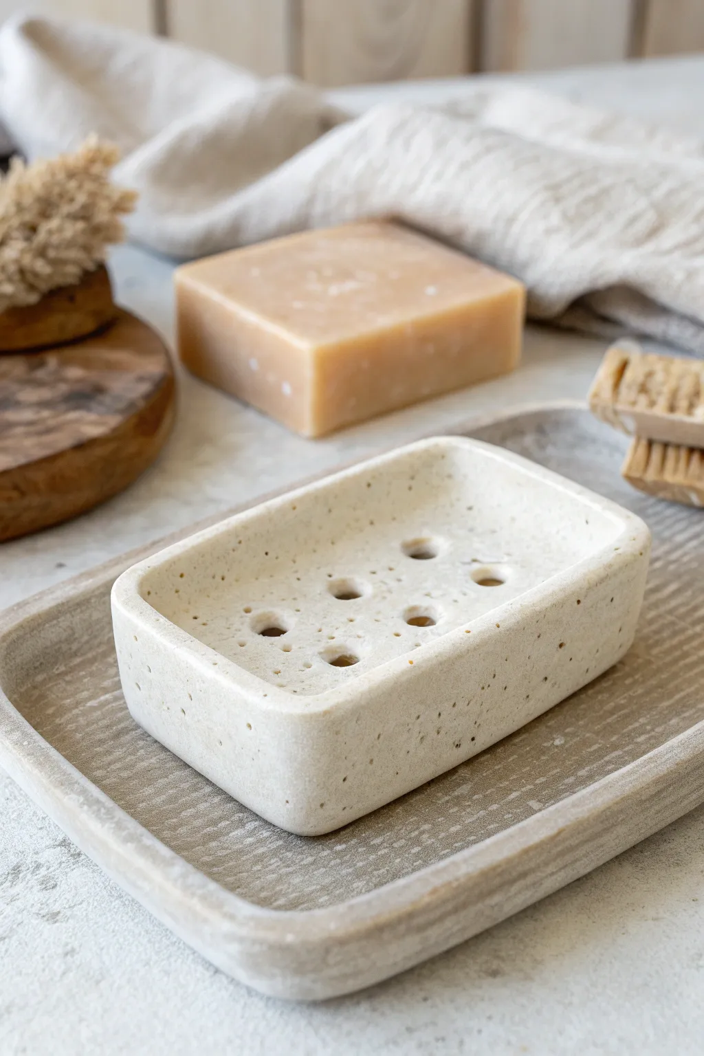 Simple slab clay soap dish with drain holes and soft texture, perfect for a minimalist bath.