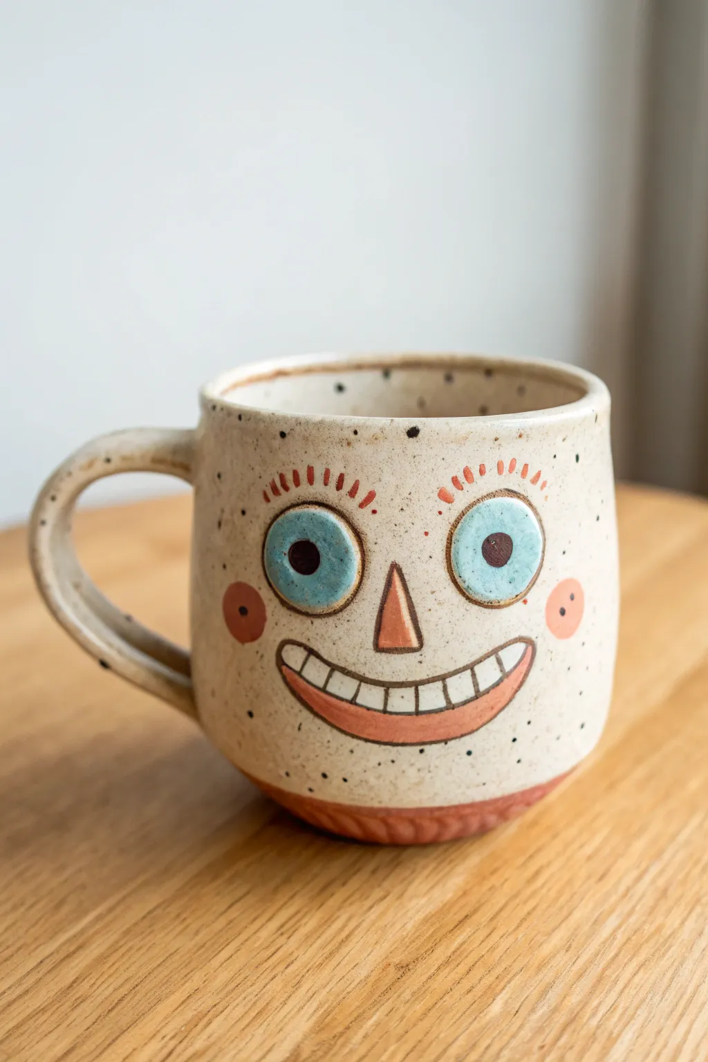 Wide-eyed goofy grin face mug with playful glaze accents, a cheerful handmade centerpiece.