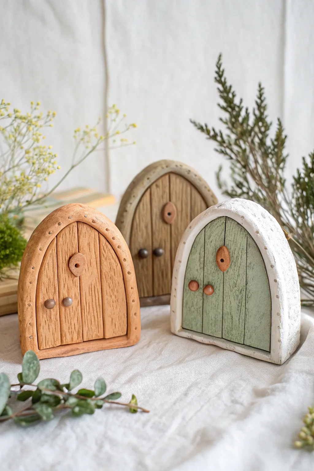 Minimal clay fairy doors with carved wood grain, perfect for whimsical cottagecore decor.