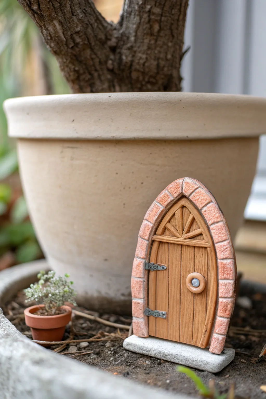 Tiny clay fairy door with wood grain texture, perfect for a minimalist boho fairy garden.