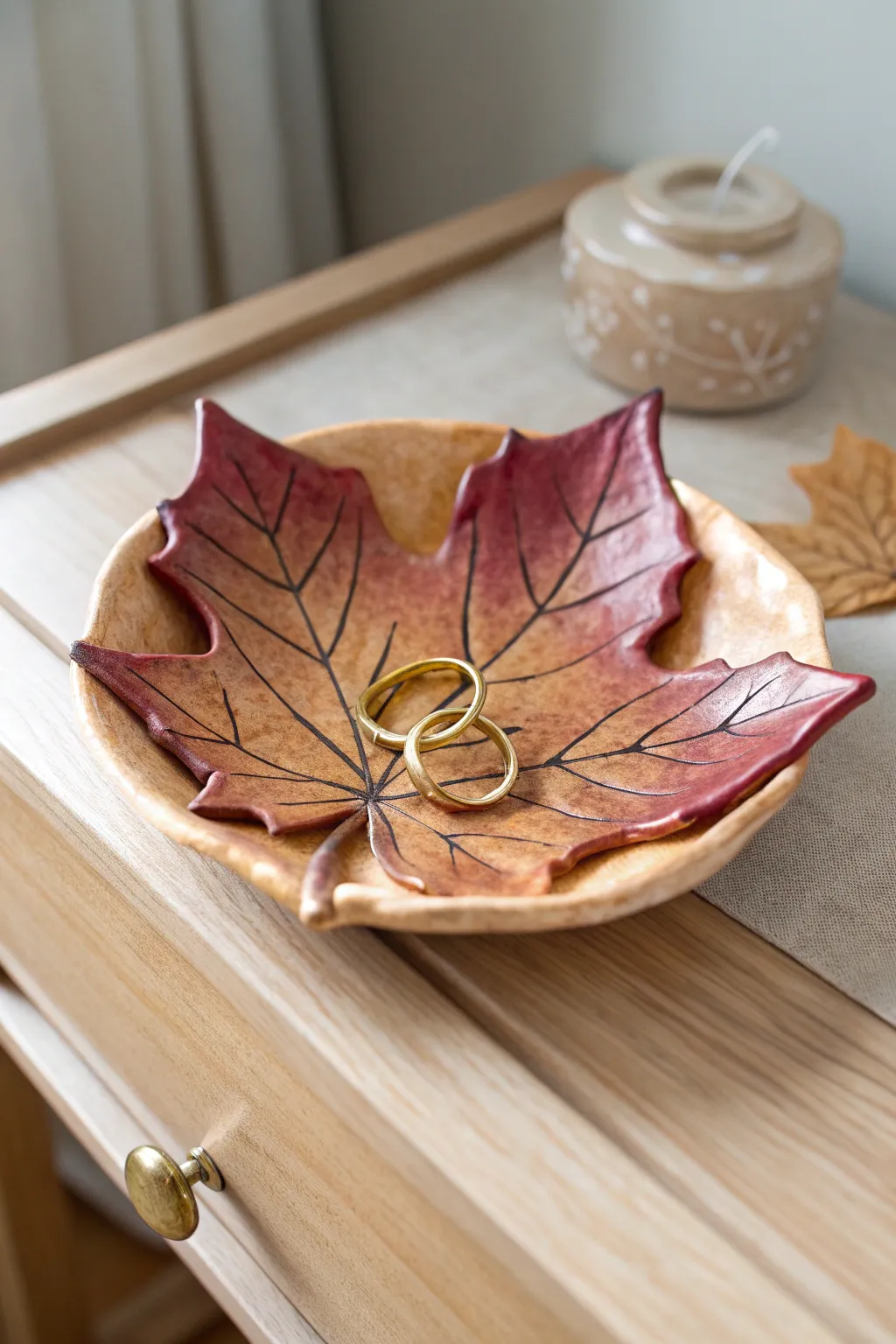 Maple leaf-imprint air dry clay trinket dish in warm autumn hues, perfect for rings.