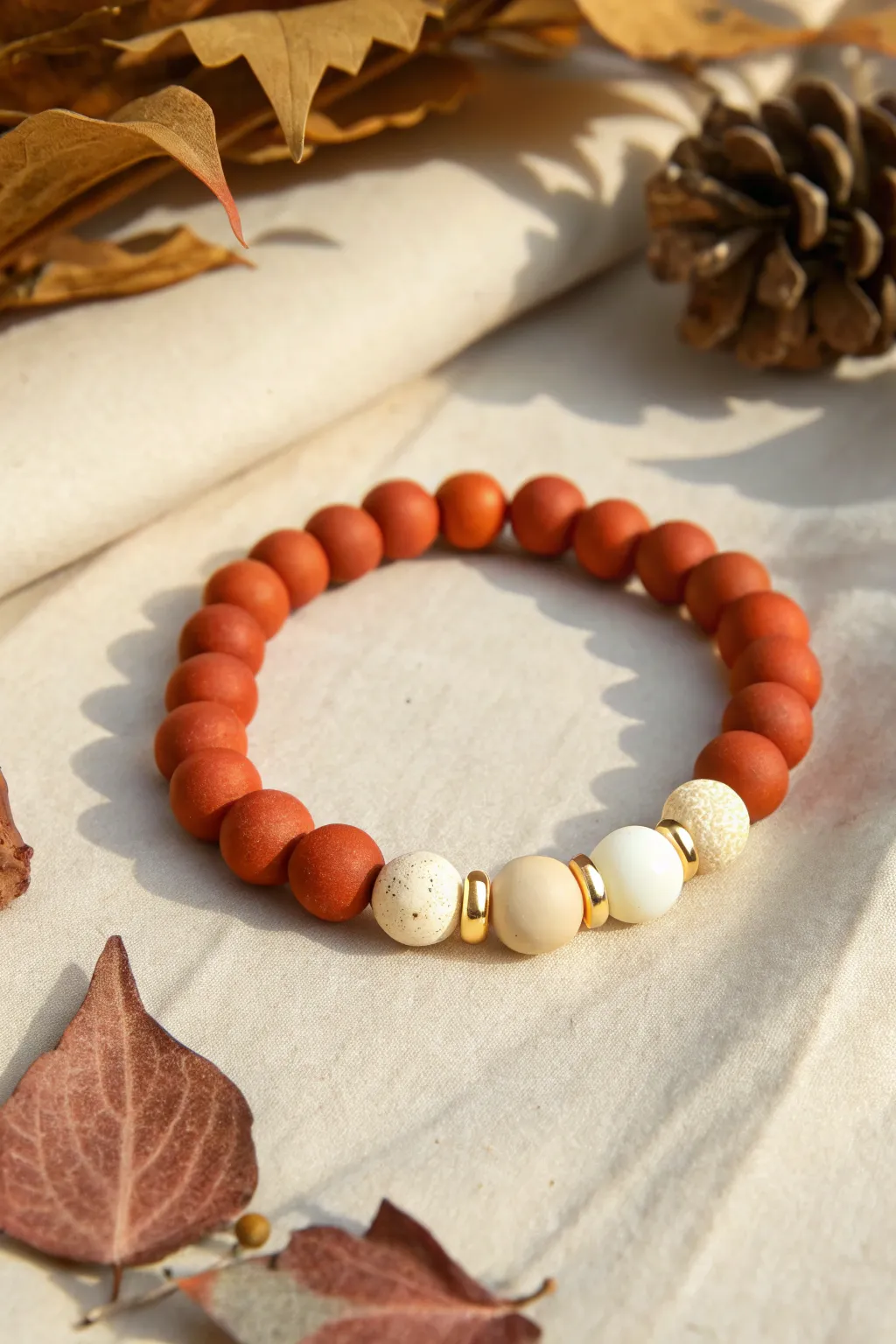 Burnt orange and creamy ivory clay beads with tiny spacers for a clean autumn color-block look
