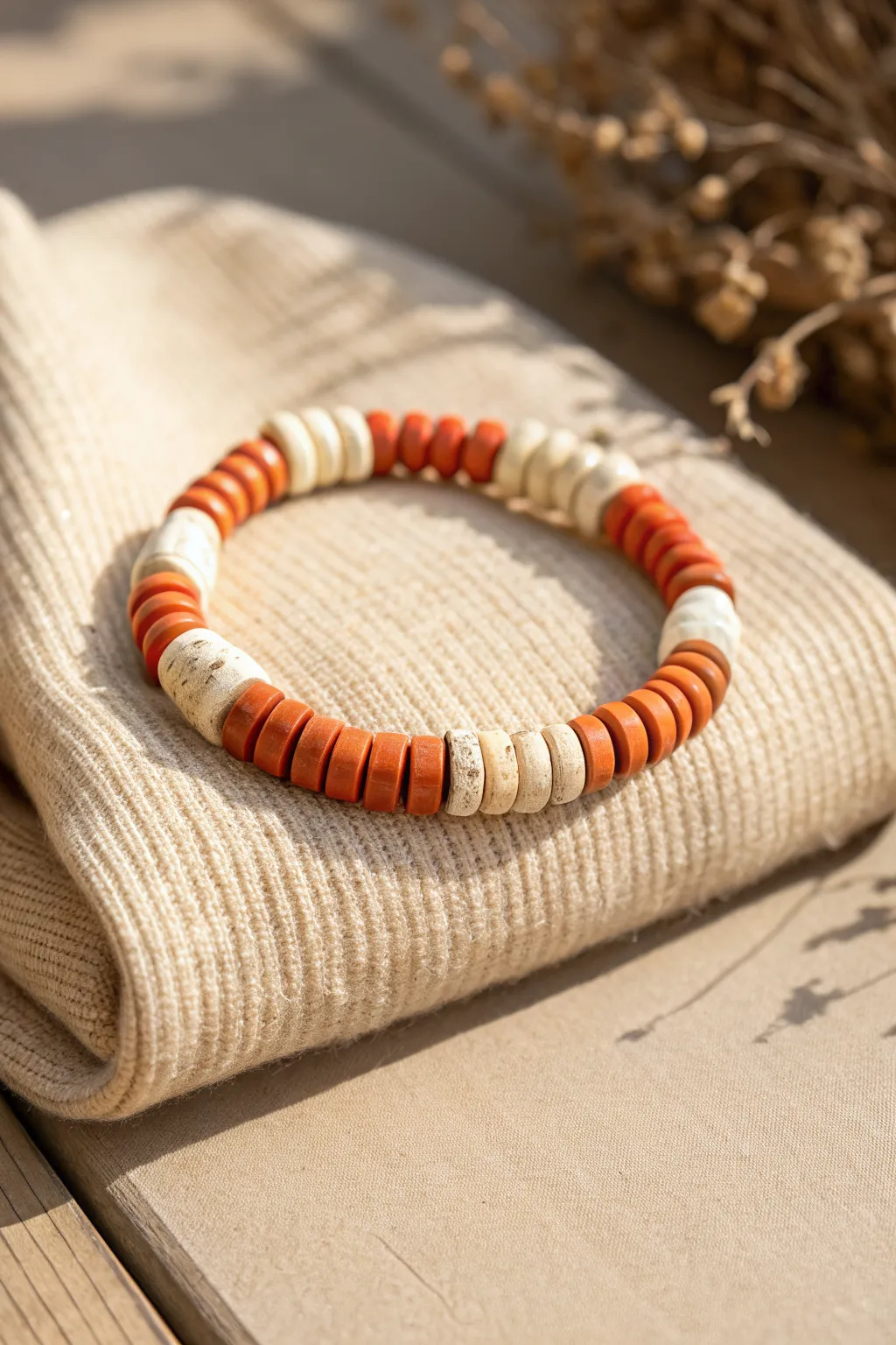 Burnt orange and cream heishi bracelet pops against cozy knit for an effortless fall statement.