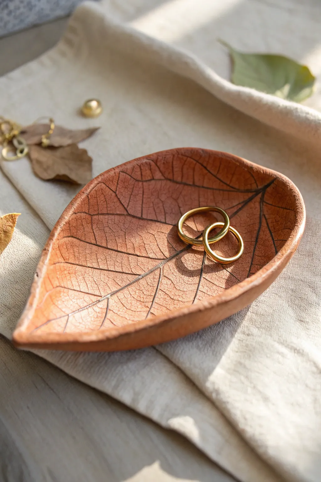 Leaf-imprint trinket dish in warm fall tones, showcasing crisp veins and holding tiny treasures.