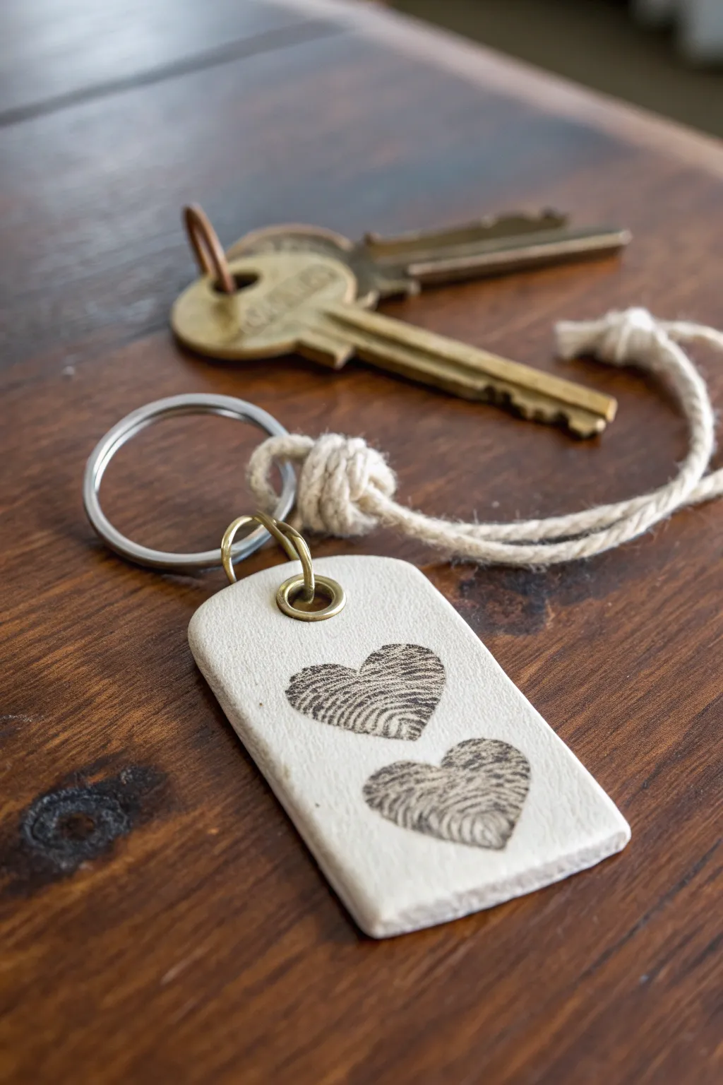Simple thumbprint heart clay keychain idea for Fathers Day, minimal and handmade for Dad.