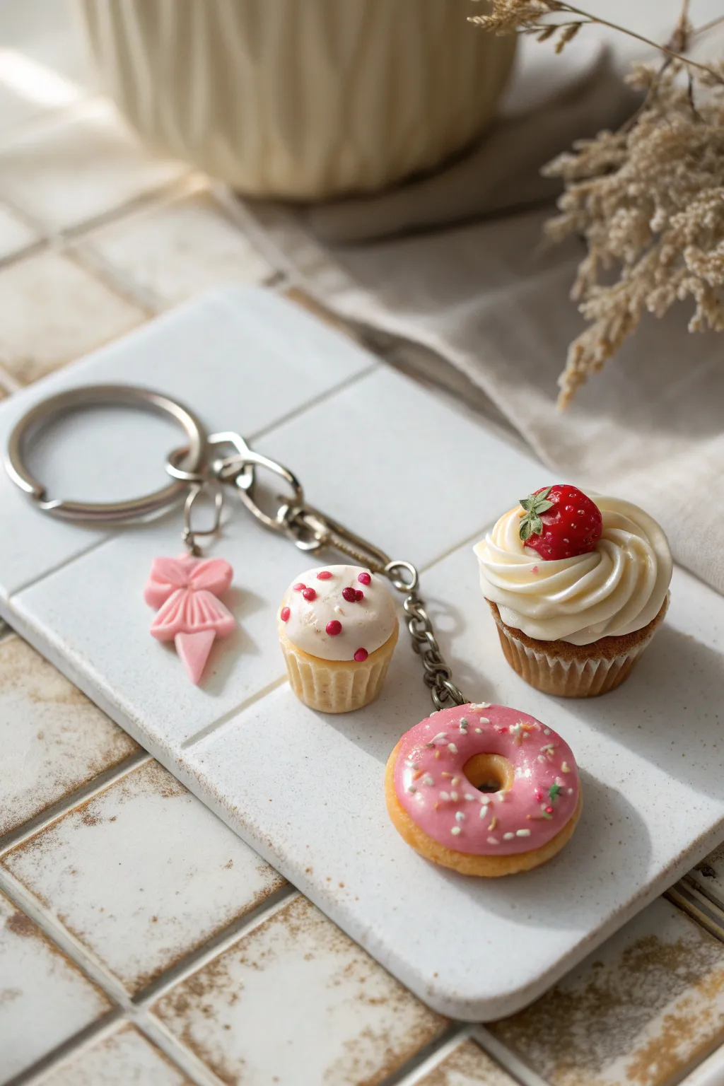 Snack-cute Fimo mini food charms on a minimal white tile, glossy details, Scandinavian boho vibe