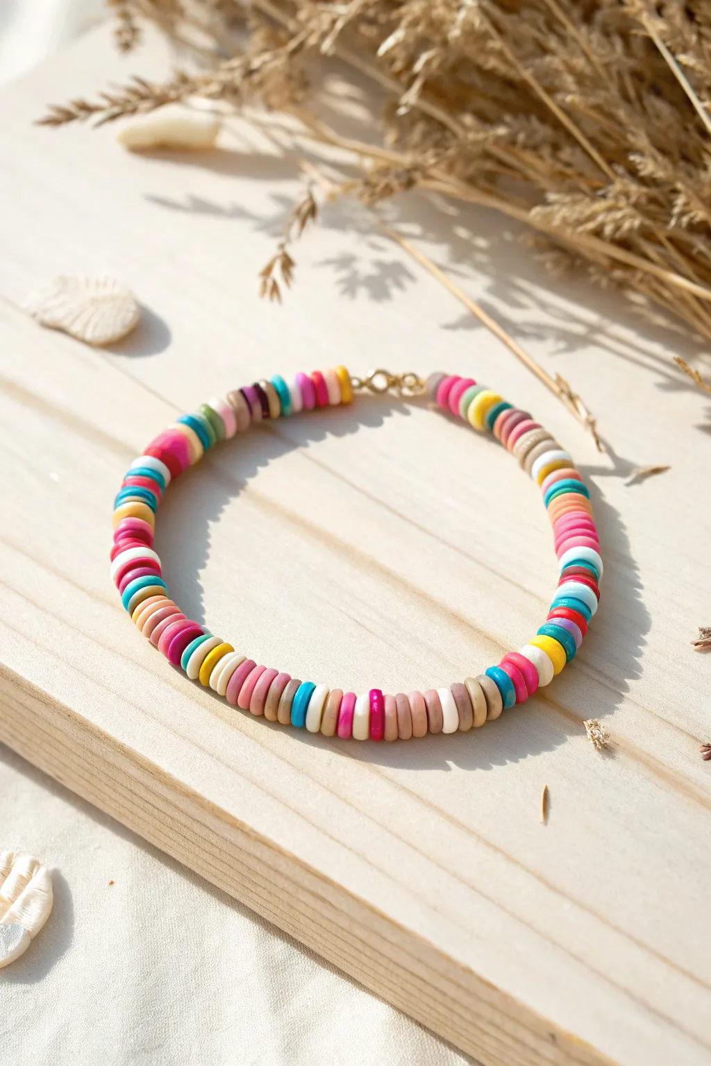 Happy Confetti Mix Bracelet: bright heishi disc beads in a clean, minimalist flat lay