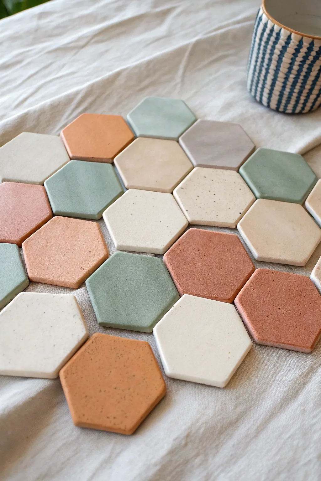 Simple slab trinket tiles in calming hues, a minimal boho flat lay for modern spaces.