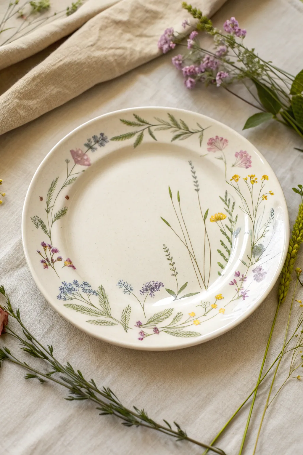 Wildflower meadow plate design with airy white space and soft, minimalist boho color.