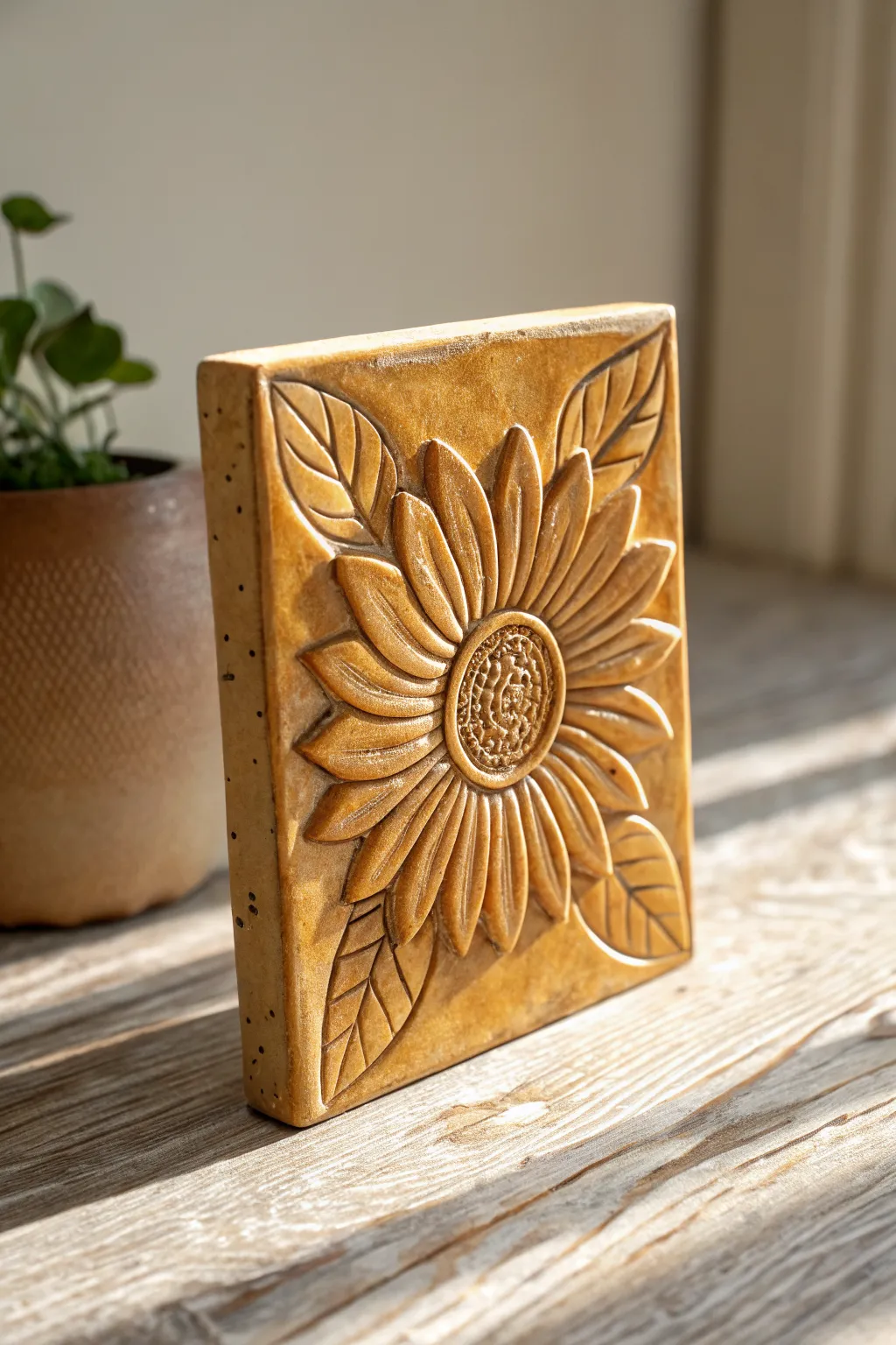 Warm golden sunflower bas-relief tile, simple handmade charm with beautiful shadowed texture.