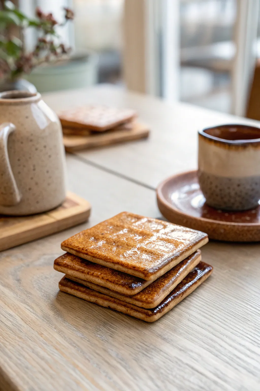 Syrup-gloss waffle coasters in warm cafe light, minimalist clay craft with cozy contrast.