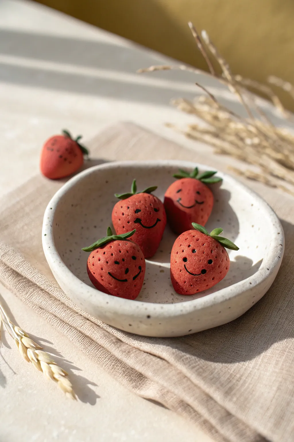 Smiley strawberry minis on a handmade dish, an easy cute clay project perfect for beginners