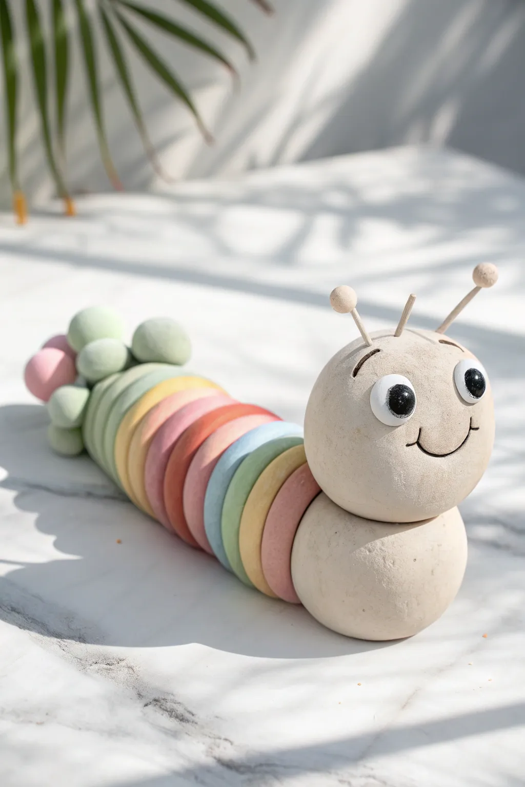 Rainbow coil caterpillar: a joyful, kid-friendly clay craft with clean minimalist styling.