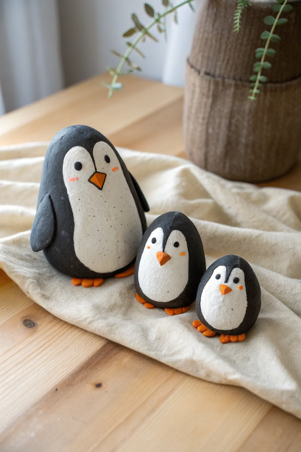 Chubby clay penguin family with dot eyes, simple shapes and cozy Nordic-boho styling