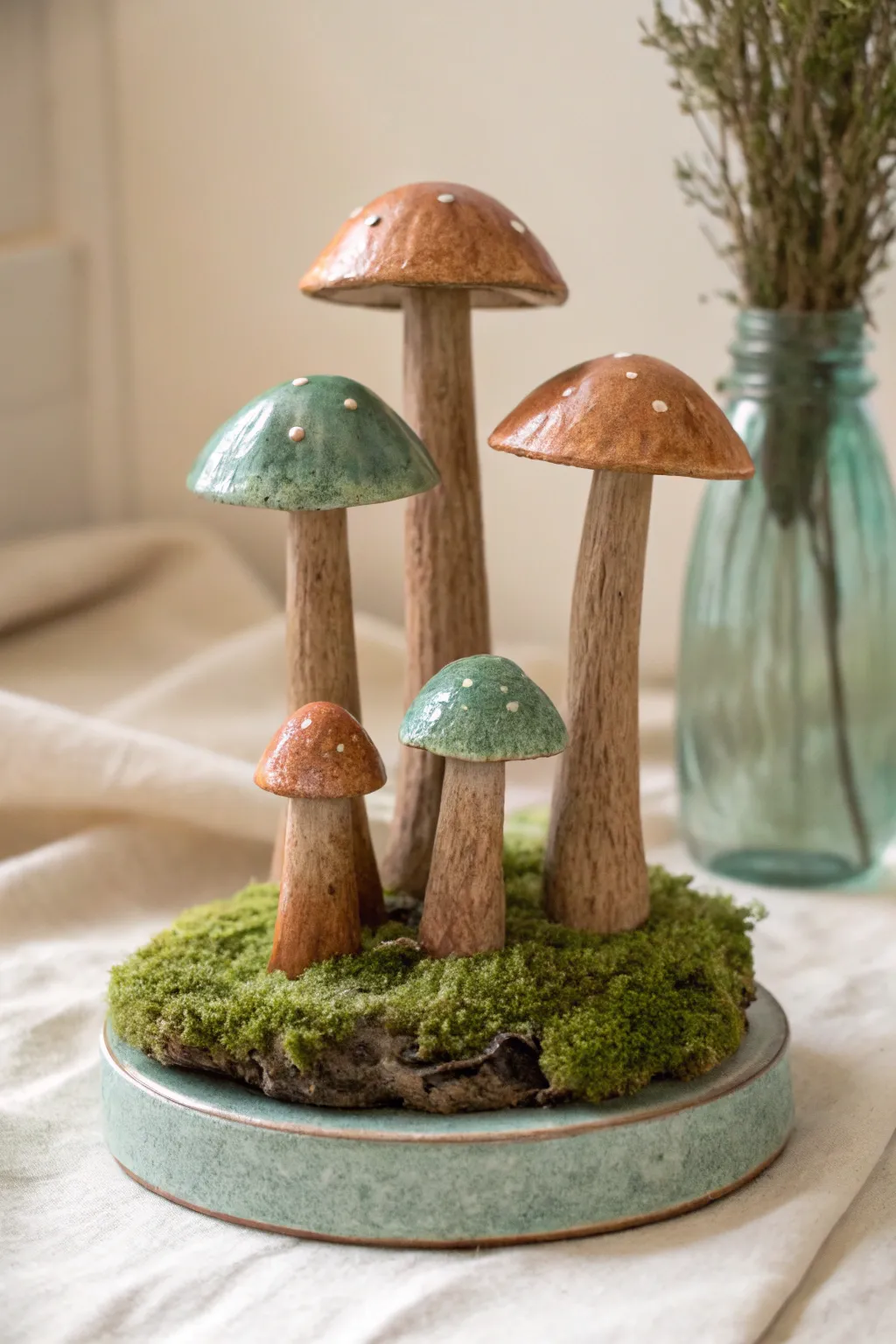 Minimalist clay mushroom cluster with mossy texture and one soft green accent cap