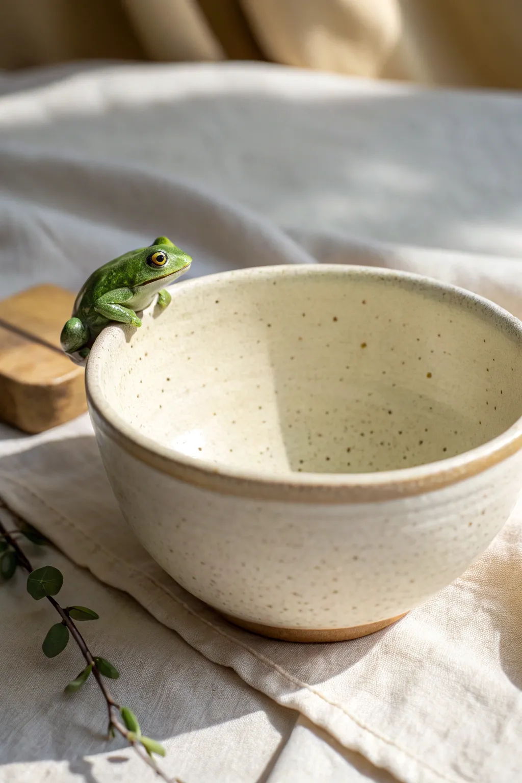 Minimal rim bowl with a bright green frog perched on the edge for a playful, modern accent.
