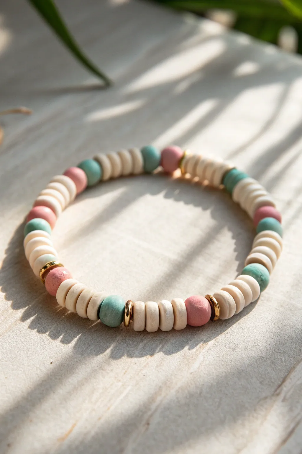 Simple color-block clay disc bead bracelet in pink, white, and teal for easy DIY inspo