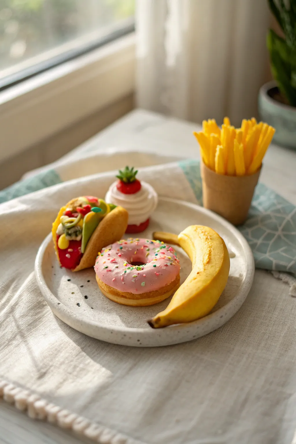 Mini clay food pretend play set on a simple plate, bright colors with cozy Scandi boho charm.