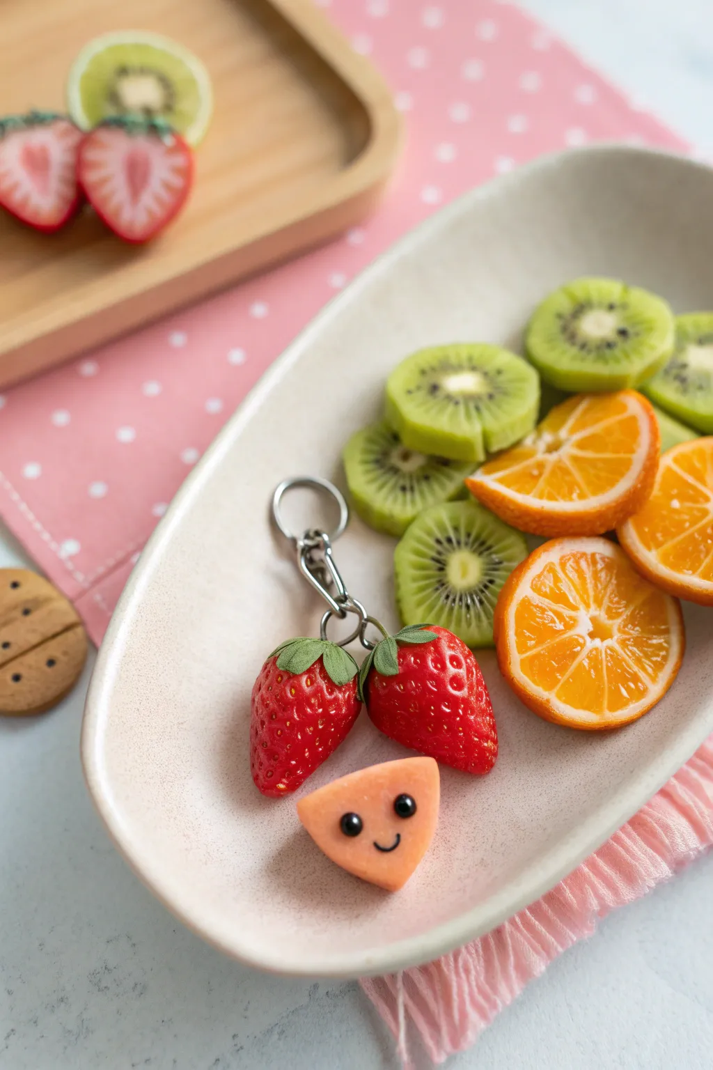 Adorable kawaii fruit slice polymer clay charms with rosy cheeks, styled minimal and bright